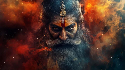 Intense bearded mystic portrait in swirling fiery smoke.