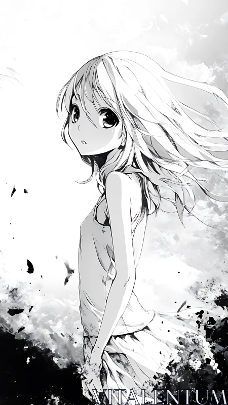 Monochrome anime girl in windswept profile amid ink-like splashes