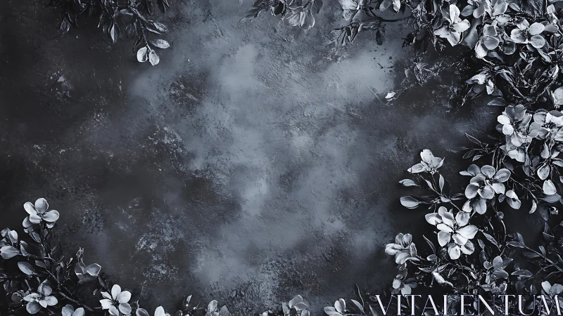 Dark floral arrangement with white blossoms on textured surface.