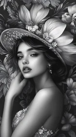 Monochrome floral portrait renders smooth skin and sculpted hat