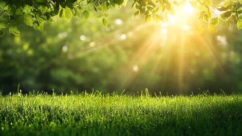 Sunlight Shining Through Leaves Over Lush Green Grass, Nature Scene.