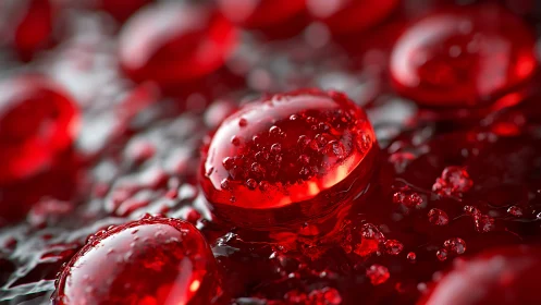 Translucent red droplets rest on reflective liquid surface