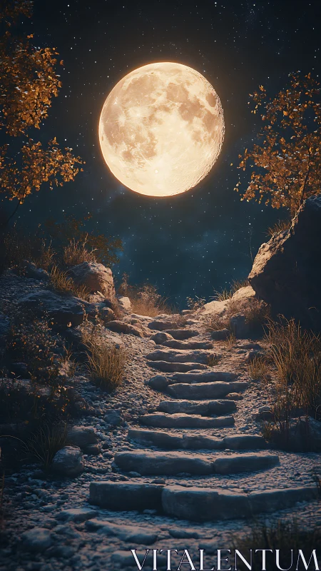 Stone path under full moon in nocturnal landscape.