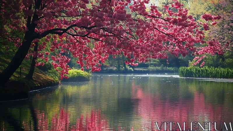Spring blossoms lean gently over a calm reflective river