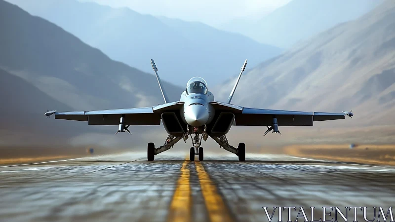 Jet hunter poised on desert runway, ready to shred sky.