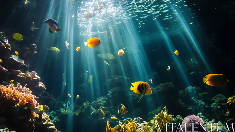 Colorful tropical reef fish swim through strong underwater light