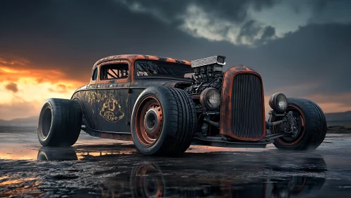 Rustic modified hot rod coupe on wet salt flat at dusk.