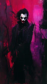 Sinister clown figure in neon magenta abstract environment.