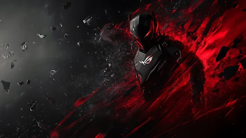 Neon warborn cyber-knight slices through crimson stardust.