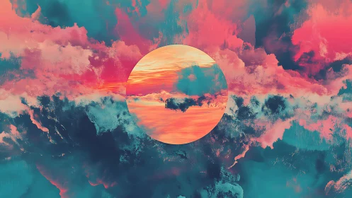 Neon sunset portal slices through swirling cyan clouds.