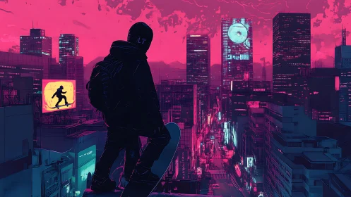 Neon skater overlooks cyberpunk city skyline at dusk.