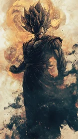 Spiky haired warrior stands in swirling fiery energy cloud