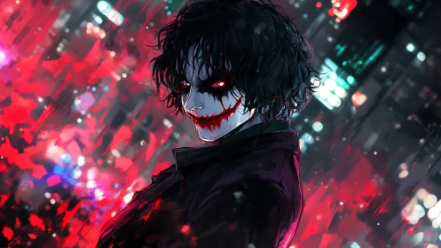 Smirking masked figure in red streaked cyberpunk cityscape.