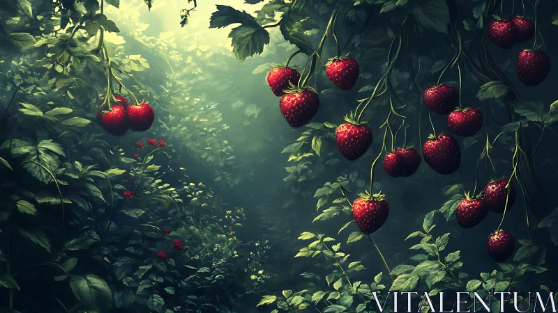 Enchanted strawberry canopy over a twilight forest path.