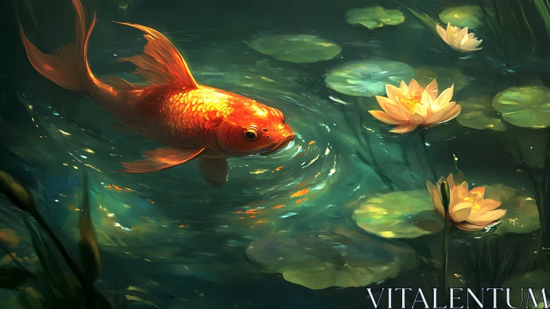 Orange koi fish moves through pond with dispersed water lilies