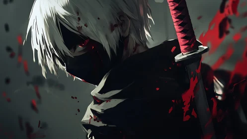 Masked white-haired swordsman rendered in dramatic anime chiaroscuro