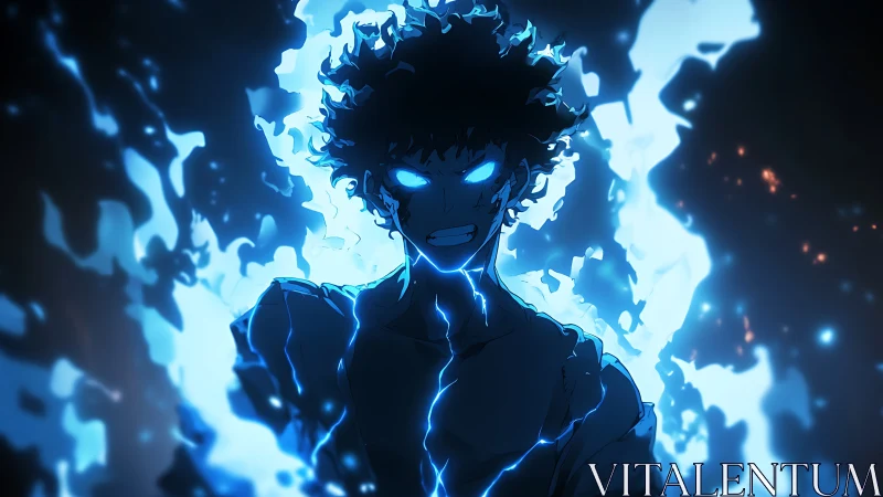Electrified anime hero wreathed in intense blue energy flames.