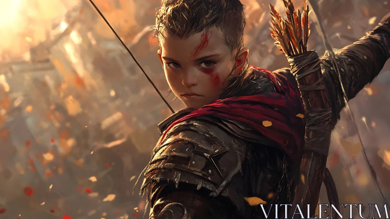 Young archer poised in a storm of golden embers.
