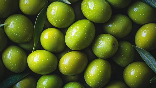 Macro close-up of glossy green olives with olive leaves cluster