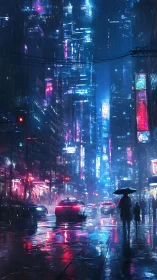Rain-soaked cyberpunk avenue reflects neon skyline at night