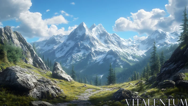 Sunlit alpine path welcomes hikers toward snowy mountain peaks