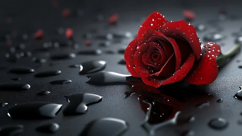 Red Rose with Dewdrops on Dark Stone Surface