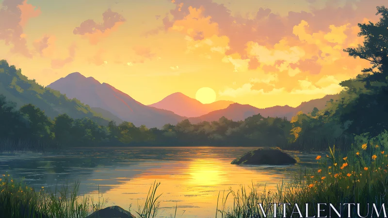 Sunset over mountain lake with distant forested hills.