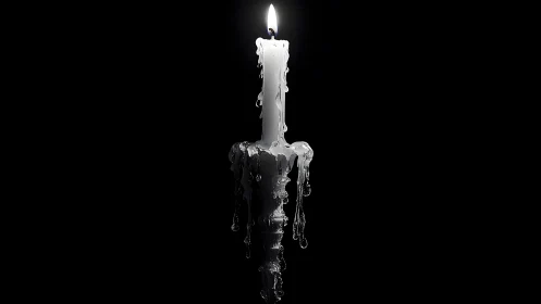 Melting White Candle with Dripping Wax on Black Background.