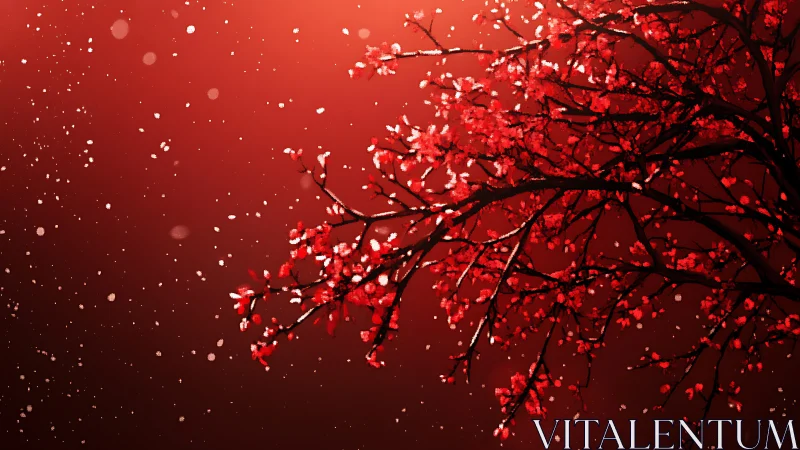 Red blossom tree branches against glowing red sky.