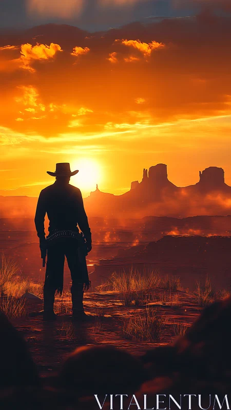 Warm desert sunset embracing a lone cowboy silhouette.