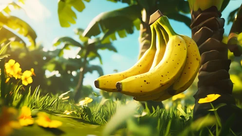Sunlit banana cluster rendered in stylized tropical 3D realism
