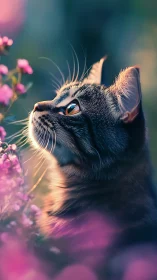 Gray Cat Among Pink Flowers Looking Upward.