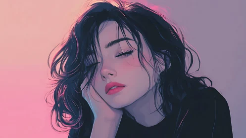 Digital portrait of dreamy woman in soft neon light.