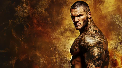 Tattooed male portrait against textured golden grunge field.