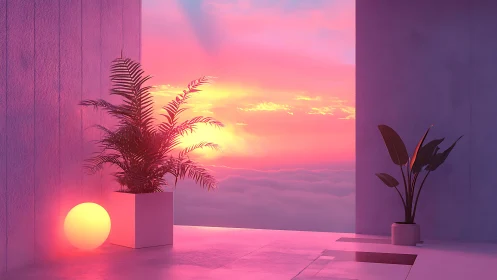 Sunset-lit minimalist terrace renders atmospheric neon glow