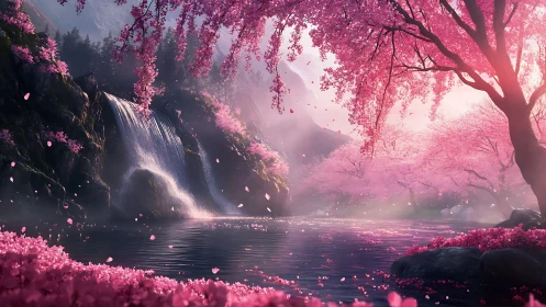 Digital landscape shows waterfall and river amid pink foliage