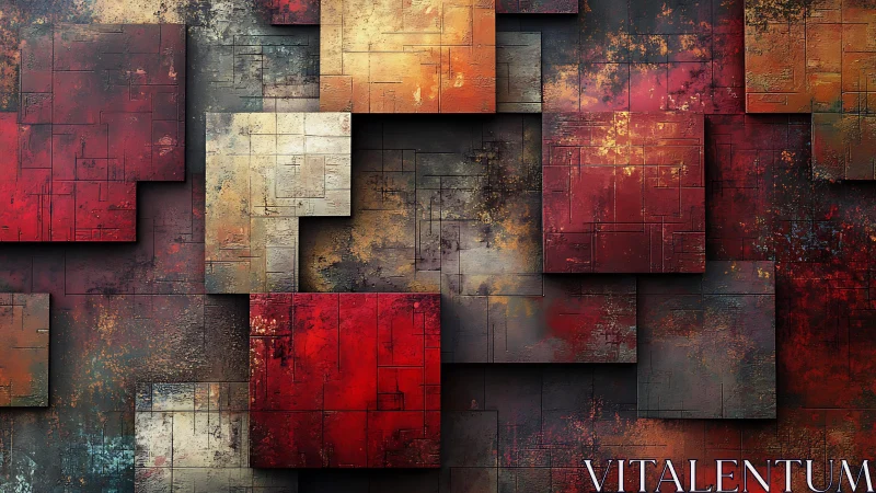 Abstract geometric squares wall art in red, orange, and beige tones.
