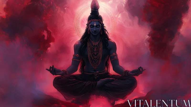 Monochrome blue meditating deity centered in radial halo light