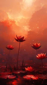 Red Lotus Flowers Against Luminous Sunset Sky.