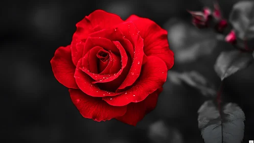 Crimson Rose Blooms Against Monochrome Silence