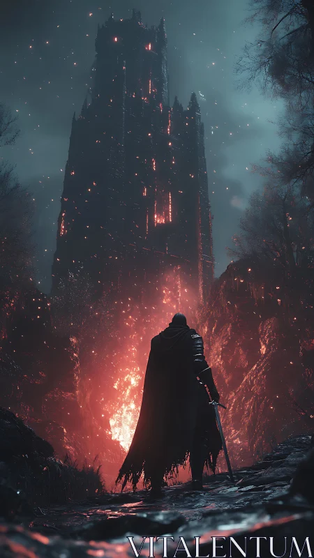 Solitary figure observes burning fortress tower at night