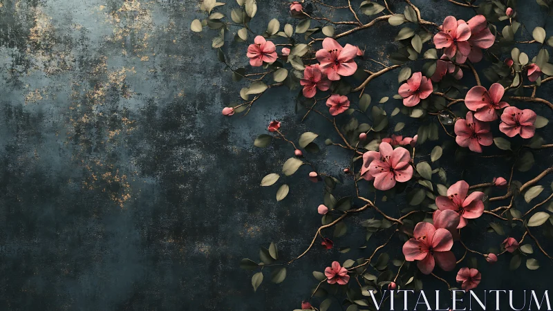 Coral blossoms cascade across distressed teal surface with metallic patina.
