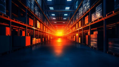Industrial warehouse aisle with strong sunset lighting.