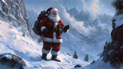Santa Claus trekking across high-altitude snowy alpine pass