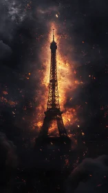 Eiffel Tower Silhouette Engulfed in Dynamic Pyrotechnic Particle Combustion