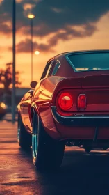 Classic red muscle car at sunset in parking lot.
