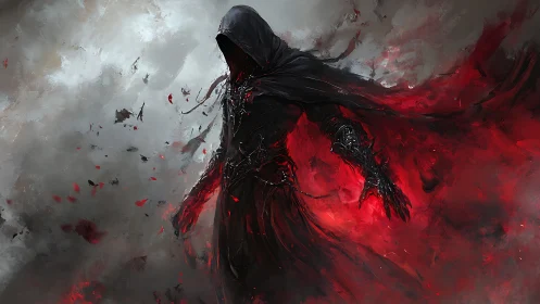 Hooded void wraith emerging from red ethereal bloodstorm