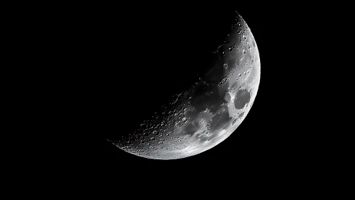 High contrast telescopic lunar crescent with detailed crater topography