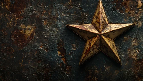 Metal star decor mounted on corroded dark rusted wall