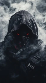 Hooded masked figure emerges from swirling cinematic smoke